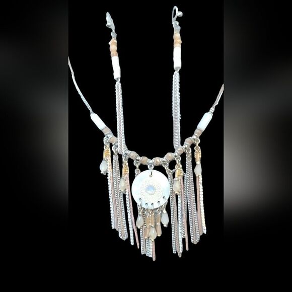 PARIS! Chains and Beads Necklace & Earring Set Rose Gold Silver Mother Of Pearl - Picture 8 of 10